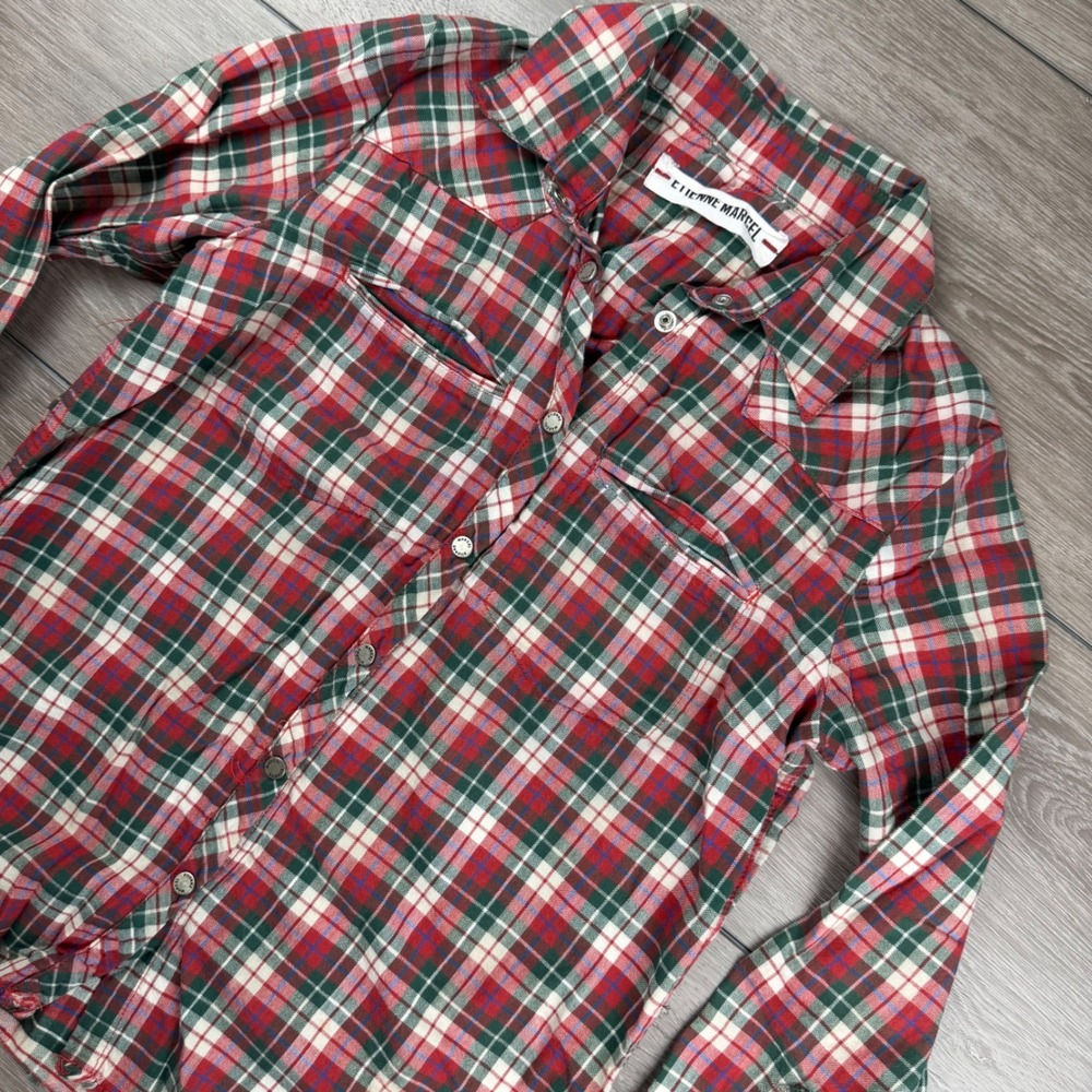 Etienne Marcel Womens Plaid Snap Button Down Shirt Red Green Small